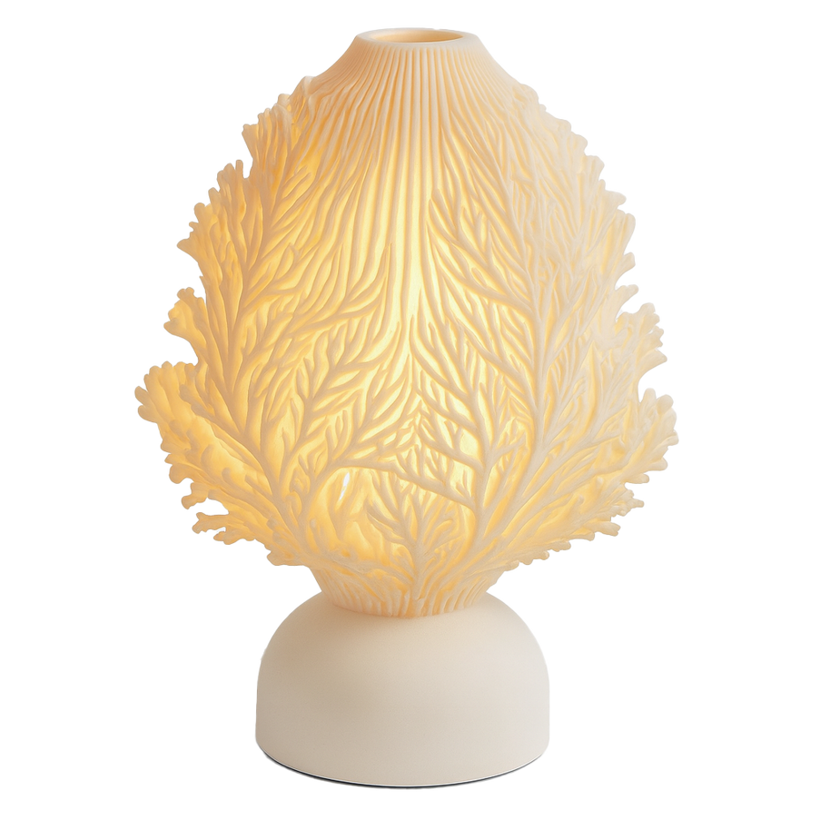 Lámpara ERANÍA encendida, diseño orgánico impreso en 3D, luz cálida ambiental, color blanco marfil, marca ARKHITA