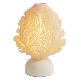 Lámpara ERANÍA encendida, diseño orgánico impreso en 3D, luz cálida ambiental, color blanco marfil, marca ARKHITA
