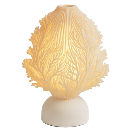 Lámpara ERANÍA encendida, diseño orgánico impreso en 3D, luz cálida ambiental, color blanco marfil, marca ARKHITA
