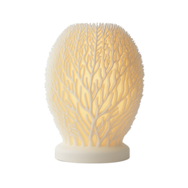 Lámpara EPHYRA encendida, diseño coralino impreso en 3D, luz cálida ambiental, color marfil, marca ARKHITA