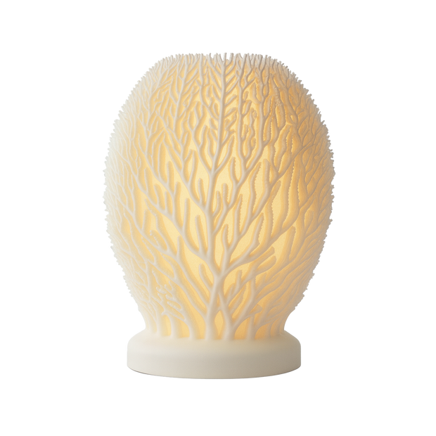 Lámpara EPHYRA encendida, diseño coralino impreso en 3D, luz cálida ambiental, color marfil, marca ARKHITA