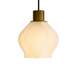 Lámpara colgante ERISMÉ encendida, diseño orgánico en 3D, luz cálida ambiental, color blanco marfil, marca ARKHITA