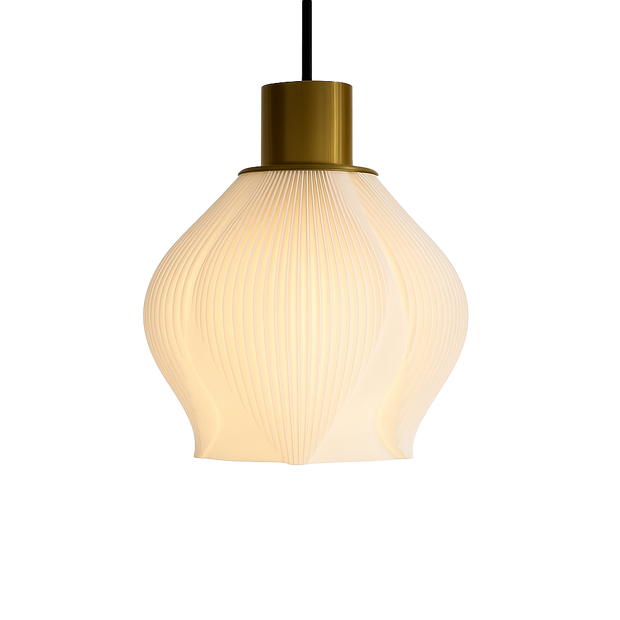 Lámpara colgante ERISMÉ encendida, diseño orgánico en 3D, luz cálida ambiental, color blanco marfil, marca ARKHITA