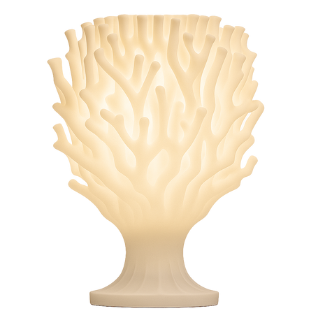 Lámpara KLYMENE encendida, diseño orgánico impreso en 3D, luz cálida ambiental, color blanco marfil, marca ARKHITA