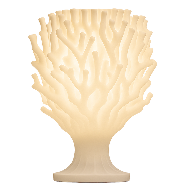 Lámpara KLYMENE encendida, diseño orgánico impreso en 3D, luz cálida ambiental, color blanco marfil, marca ARKHITA