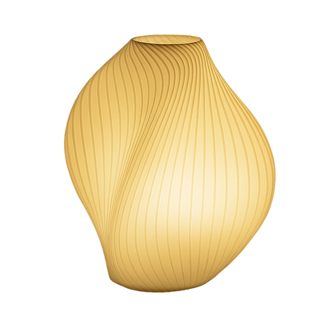 Lámpara SELENE encendida, diseño contemporáneo impreso en 3D, luz cálida ambiental, color blanco marfil, marca ARKHITA