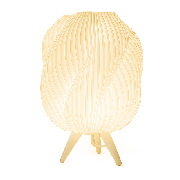 Lámpara GALÉA blanca encendida, luz cálida, diseño orgánico minimalista en impresión 3D con PLA ecológico