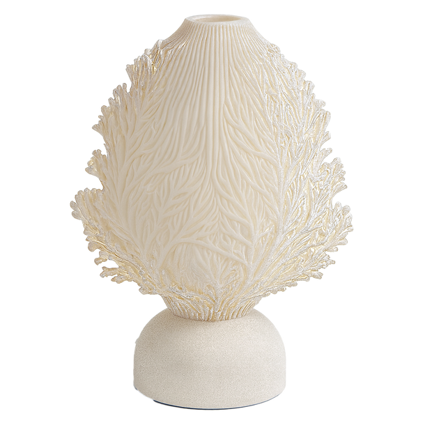 Lámpara ERANÍA de mesa apagada, diseño orgánico en 3D, color blanco marfil con base blanca, estilo escultórico