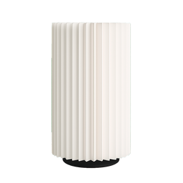 Lámpara SYLPHÍA de mesa apagada, diseño cilíndrico acanalado impreso en 3D, color blanco, fabricada en PLA ecológico