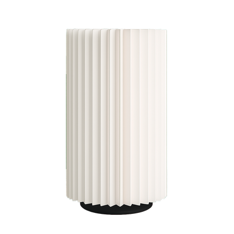 Lámpara SYLPHÍA de mesa apagada, diseño cilíndrico acanalado impreso en 3D, color blanco, fabricada en PLA ecológico
