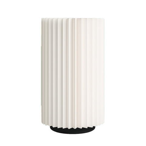 Lámpara SYLPHÍA de mesa apagada, diseño cilíndrico acanalado impreso en 3D, color blanco, fabricada en PLA ecológico