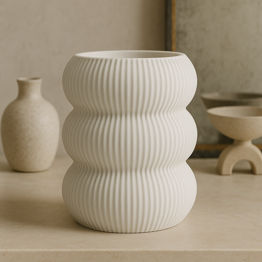 Jarrón decorativo KLEÍA CON textura acanalada, impreso en 3D con bioplástico PLA ecológico para interiores modernos