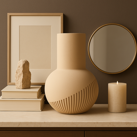 Jarrón TÉLEOS beige mate con relieves geométricos en decoración de salón moderno, estilo minimalista