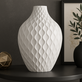 Jarrón HELIOS blanco marfil sobre mesa auxiliar, diseño orgánico sostenible con textura elegante
