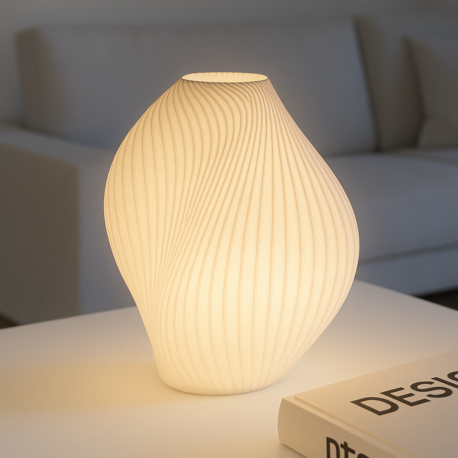 Lámpara SELENE como iluminación ambiental en dormitorio, estilo minimalista y elegante en blanco marfil