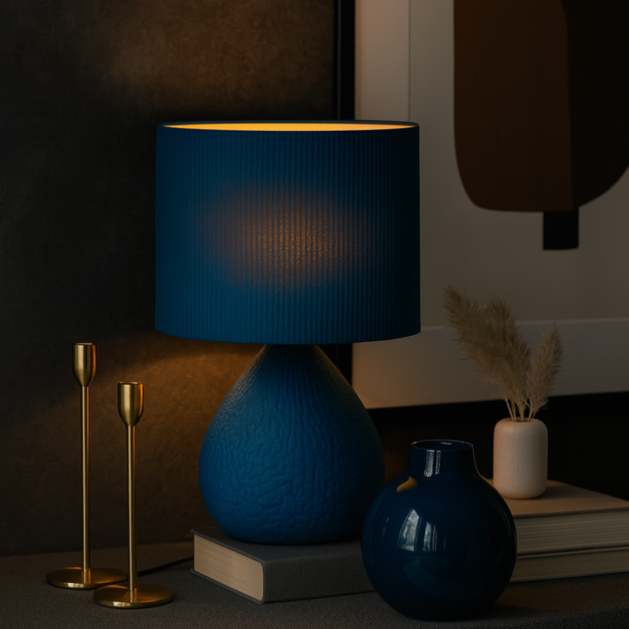Lámpara de mesa Noxis blanca con pantalla azul, diseño moderno impreso en 3D para decoración del hoga