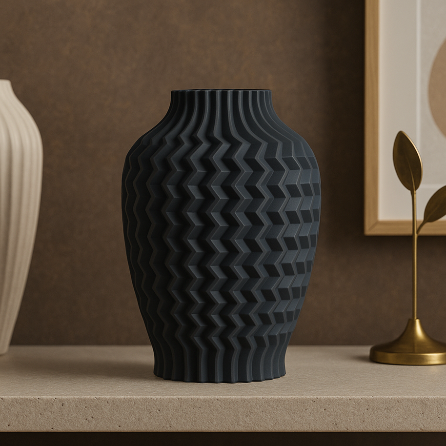 Jarrón KLEIA negro mate sobre mesa auxiliar, diseño contemporáneo impreso en 3D con PLA ecológico