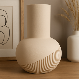 Jarrón TÉLEOS beige mate en mesa auxiliar, diseño contemporáneo sostenible con relieves geométricos