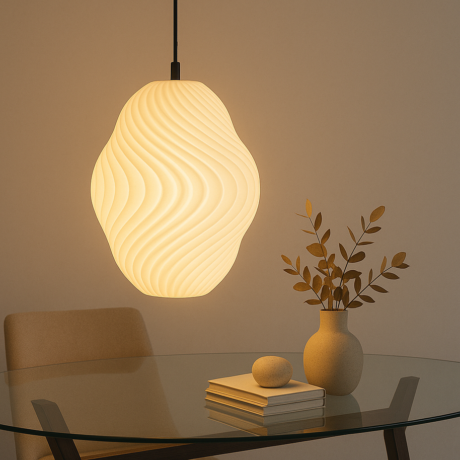 Lámpara colgante impresa en 3D con diseño orgánico minimalista y luz cálida para decoración moderna del hogar