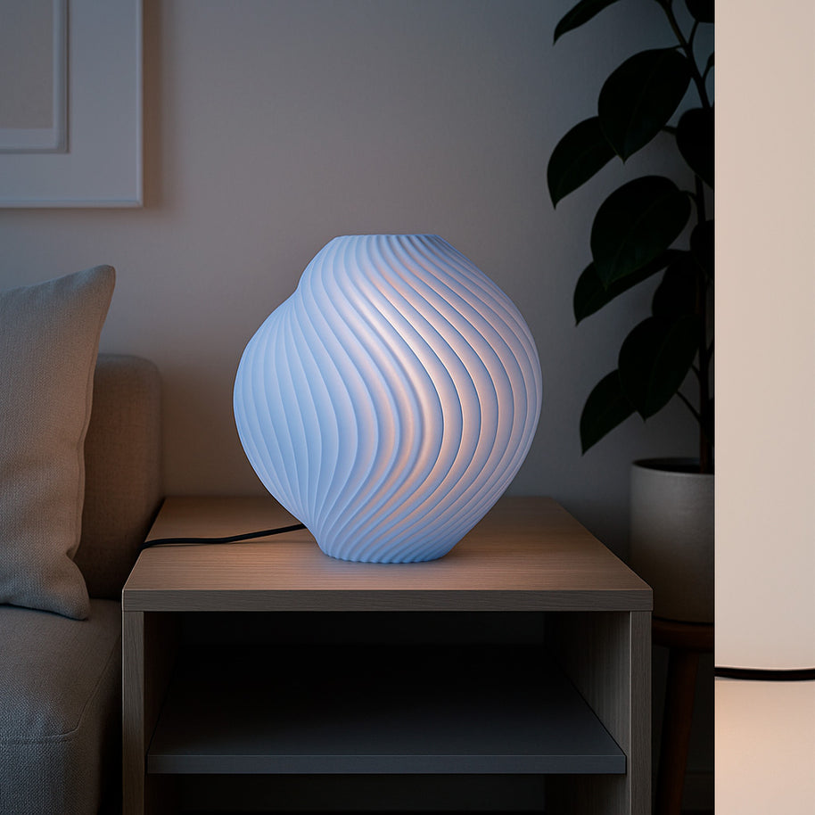 Lámpara IRISÍA como iluminación ambiental en dormitorio, estilo orgánico y sostenible en color blanco