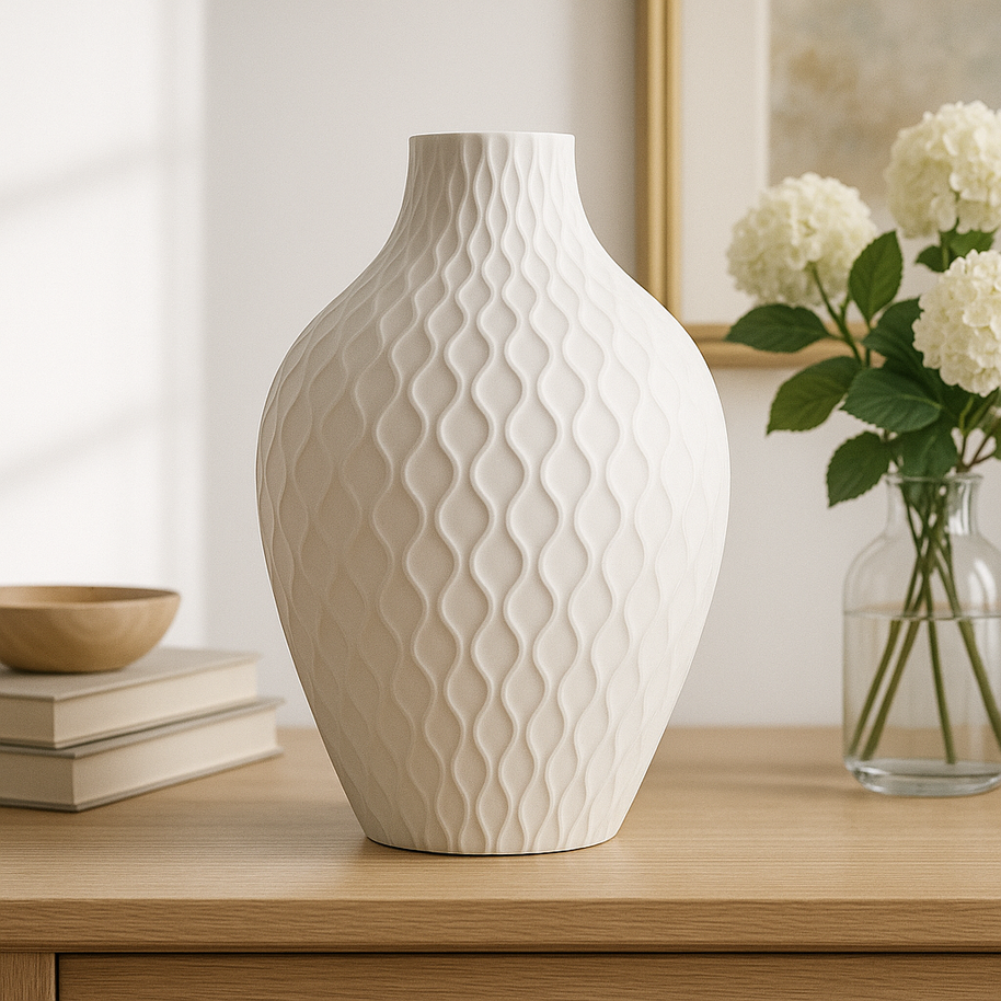 Detalle de textura en jarrón HELIOS blanco marfil, impresión 3D en PLA ecológico