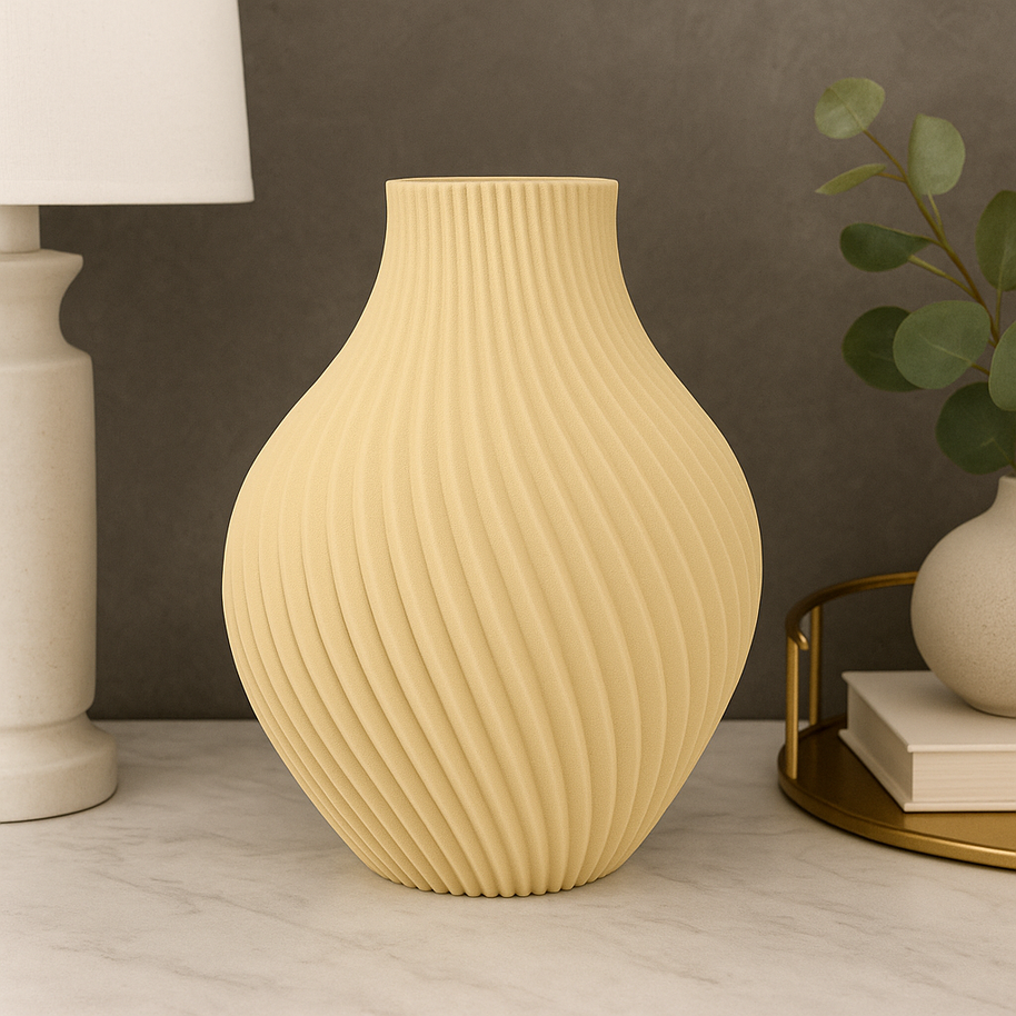 Jarrón IKAROS beige en decoración de salón moderno, estilo orgánico y minimalista