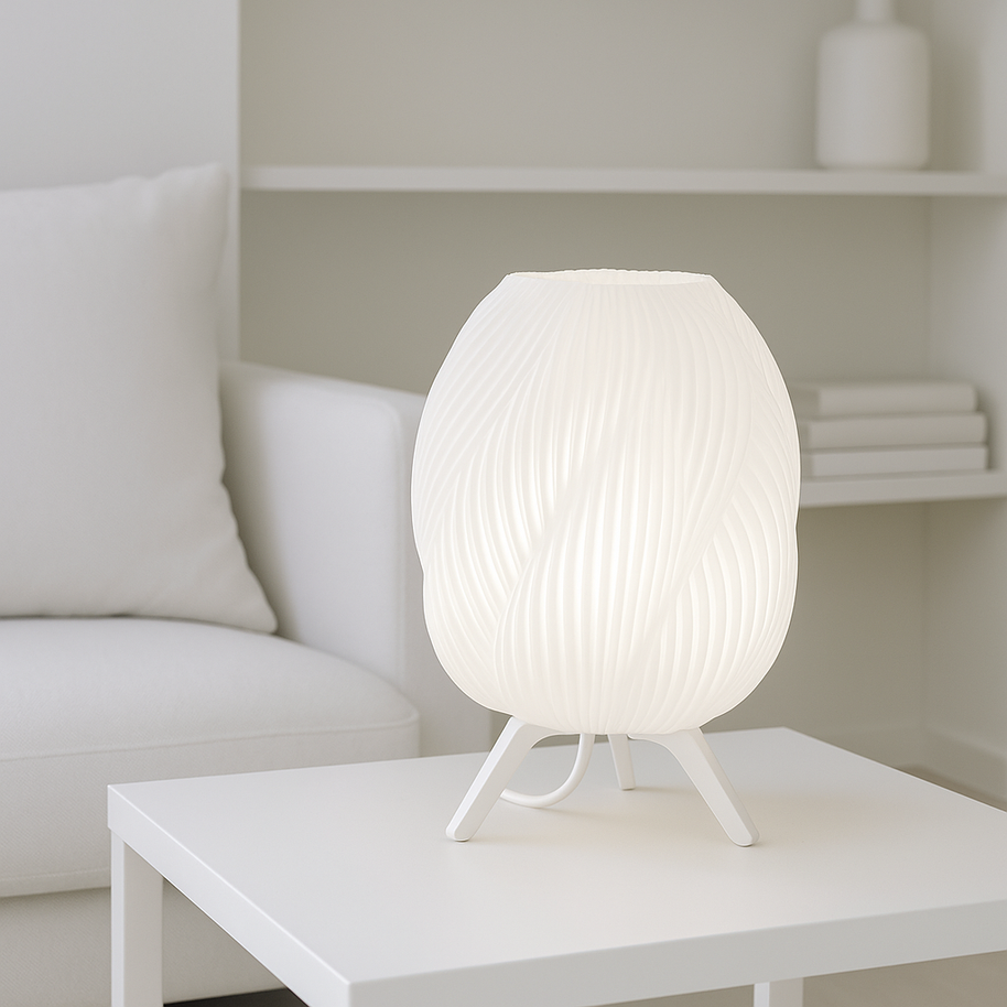 Lámpara GALÉA blanca en dormitorio minimalista, diseño orgánico impreso en 3D con luz cálida