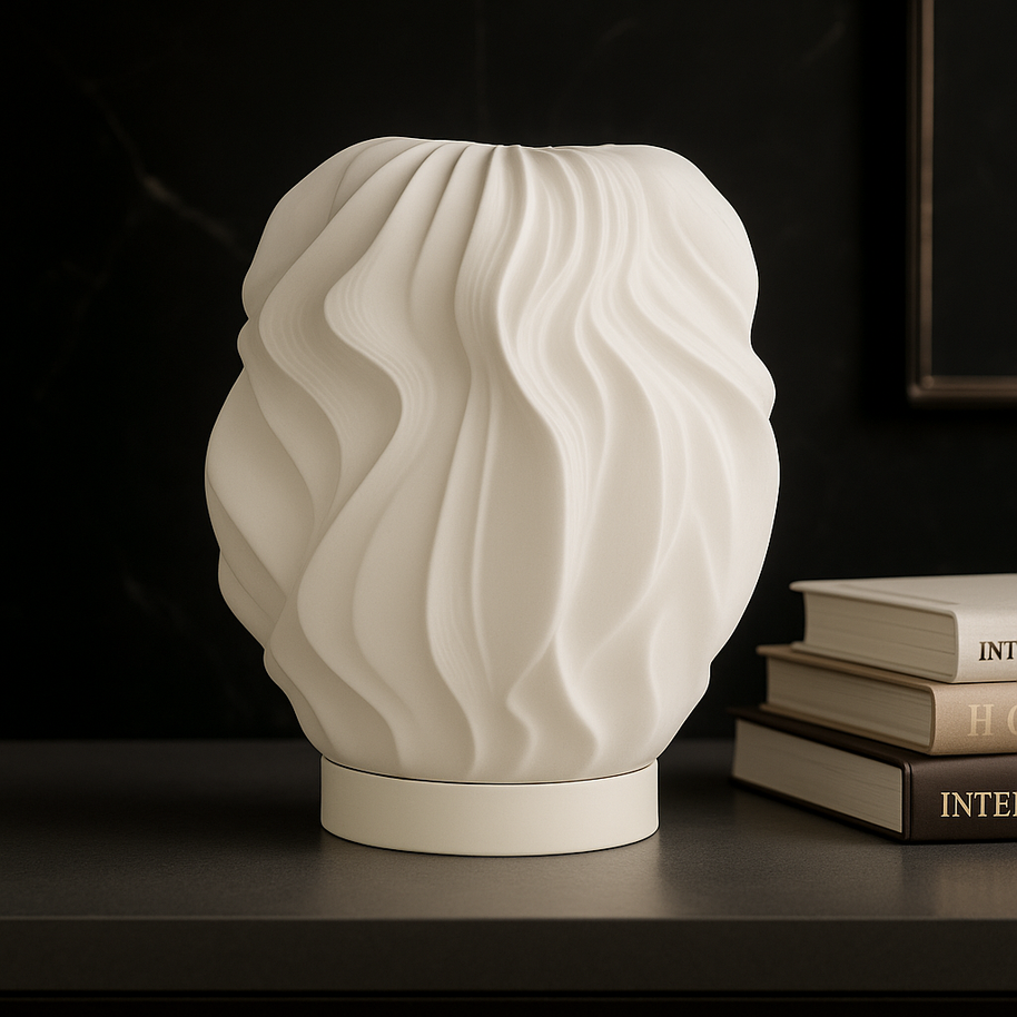 Lámpara KALLIA en salón moderno, diseño orgánico en 3D que aporta luz cálida ámbar y elegancia