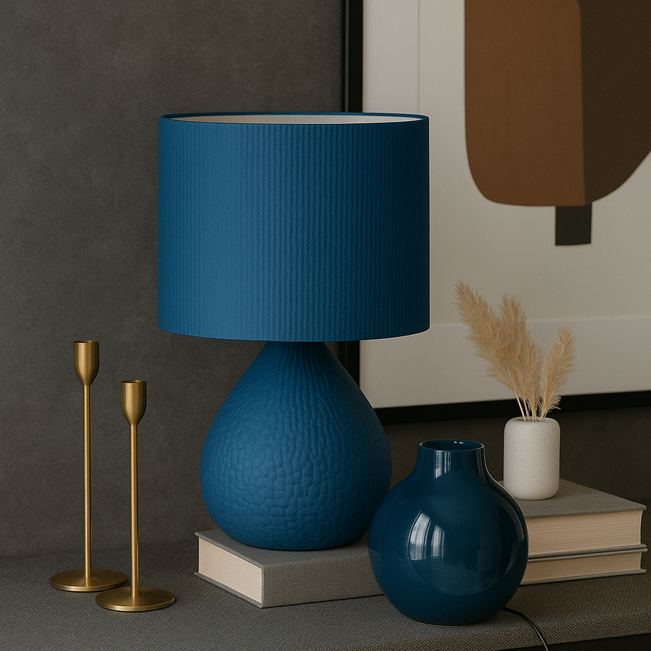 Lámpara de mesa Noxis blanca con pantalla azul, diseño moderno impreso en 3D para decoración del hoga
