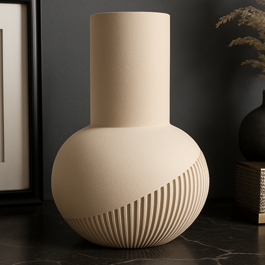 Detalle de textura geométrica en jarrón TÉLEOS beige mate, impresión 3D en PLA ecológico