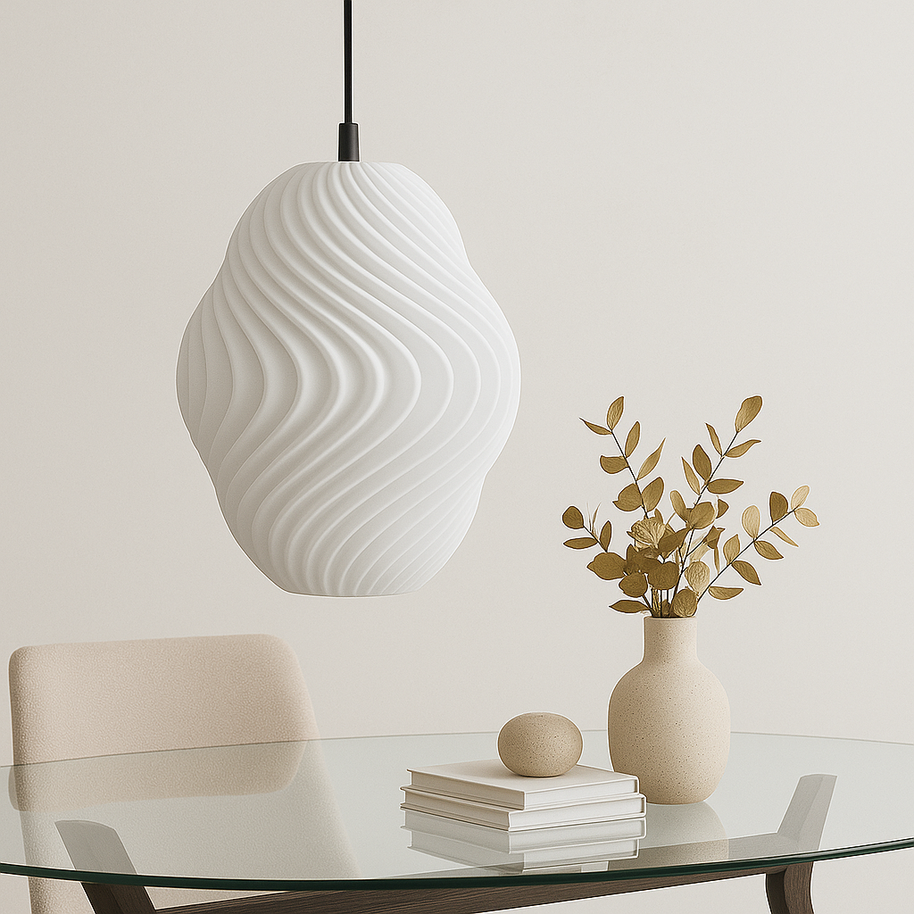 Lámpara colgante impresa en 3D con diseño orgánico minimalista y luz cálida para decoración moderna del hogar