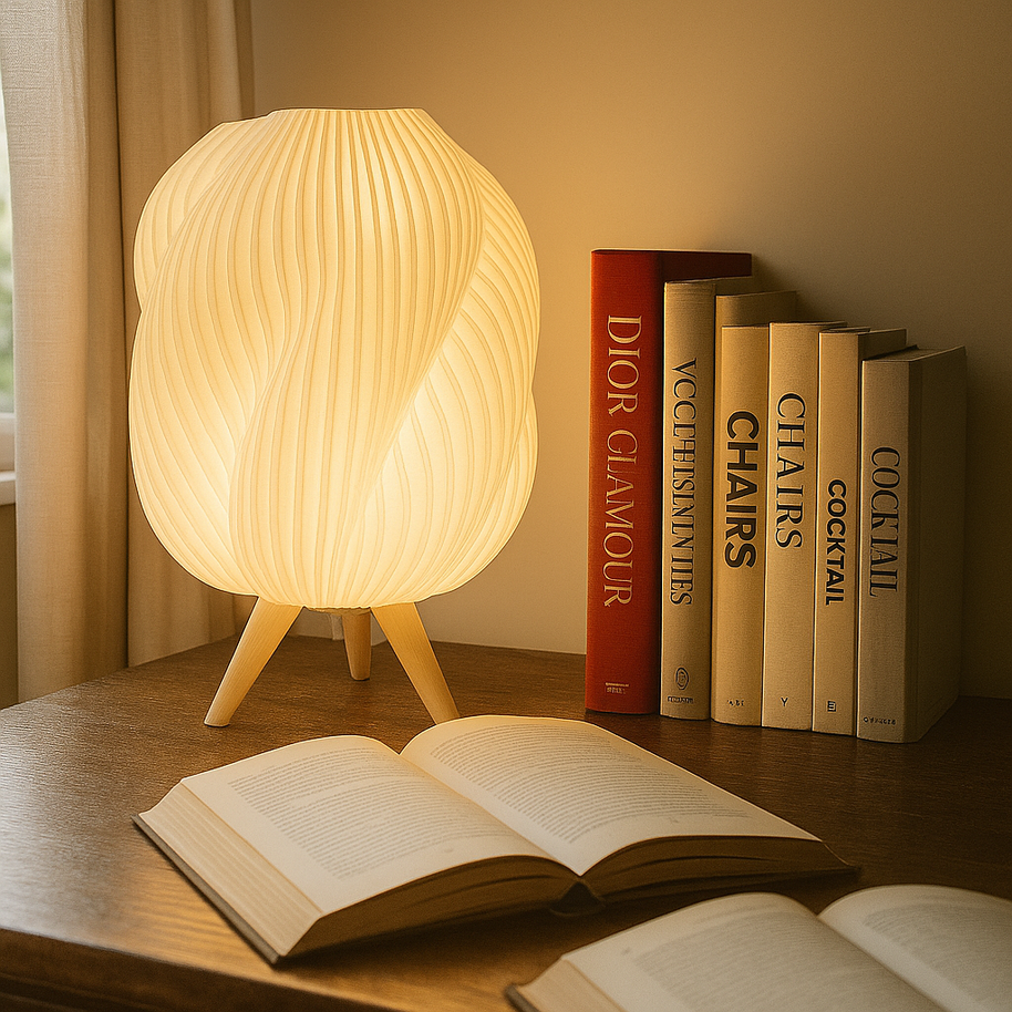Lámpara GALÉA blanca sobre mesa auxiliar en salón moderno, luz cálida y diseño orgánico minimalista