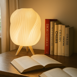 Lámpara GALÉA blanca sobre mesa auxiliar en salón moderno, luz cálida y diseño orgánico minimalista