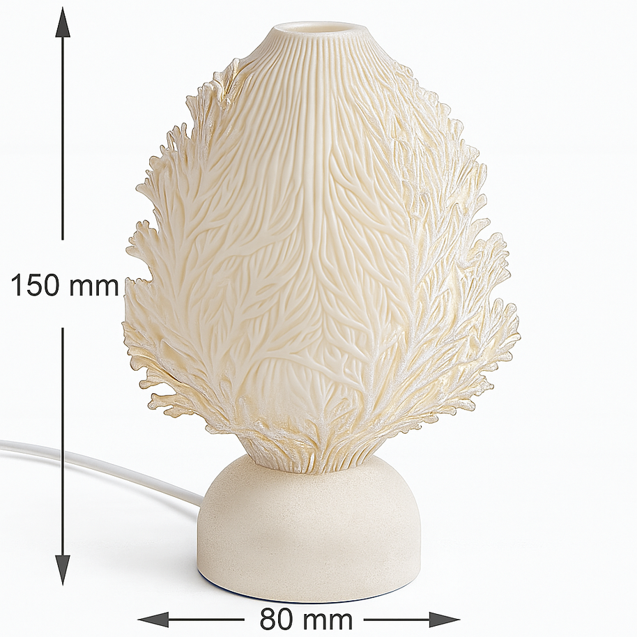 Lámpara ERANÍA de mesa, diseño orgánico 3D, color blanco marfil con base blanca, medidas 150 mm x 80 mm