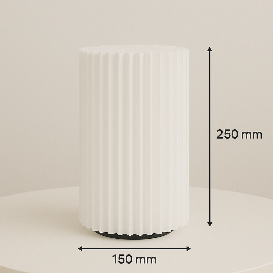 Lámpara SYLPHÍA de mesa, diseño cilíndrico acanalado 3D, color blanco, medidas 250 mm x 150 mm
